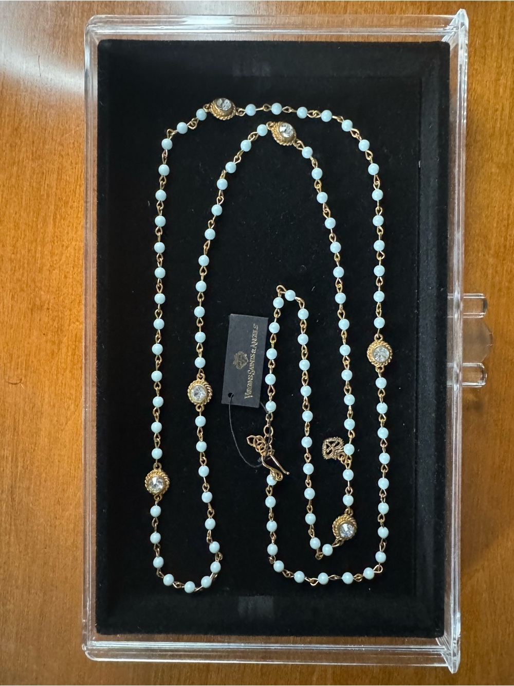 NWT Virgins Saints & Angels VSA Classic Wrap Necklace Sky Blue Gold Crystal